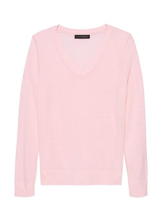 Banana Republic Womens Machine-washable Merino Wool Solid V-neck Sweater Pink Blush Size Xs