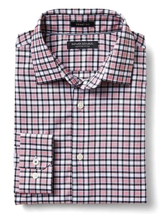 Banana Republic Mens Grant Fit Red Mini Plaid Supima Cotton Shirt - Saucy Red