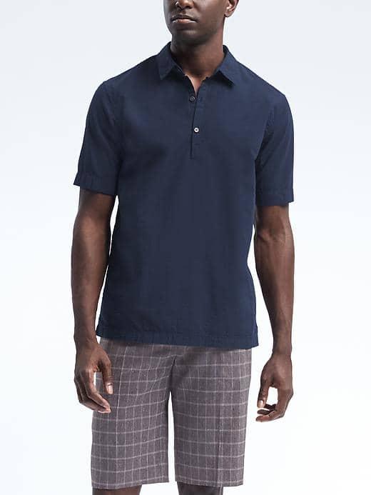 Banana Republic Mens Camden Fit Short Sleeve Seersucker Shirt - Navy