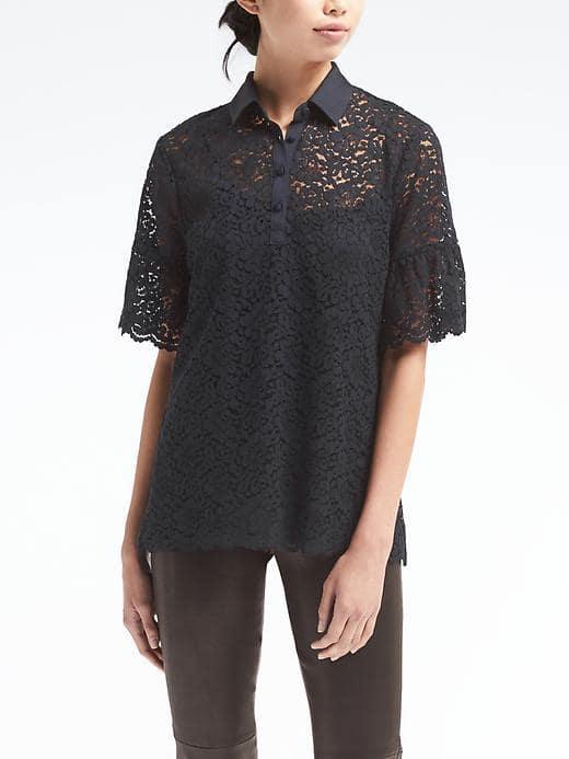 Banana Republic Flutter Sleeve Lace Polo Shirt - Navy