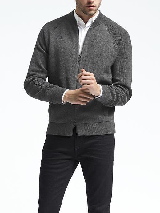 Banana Republic Mens Birdseye Bomber Sweater Jacket - Dark Charcoal Heather
