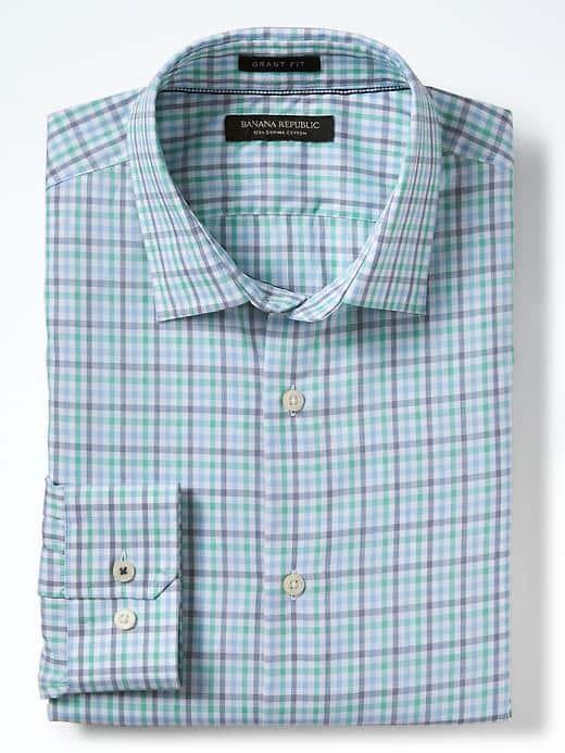 Banana Republic Mens Grant Fit Supima Tri Color Gingham Shirt - Light Green/grey