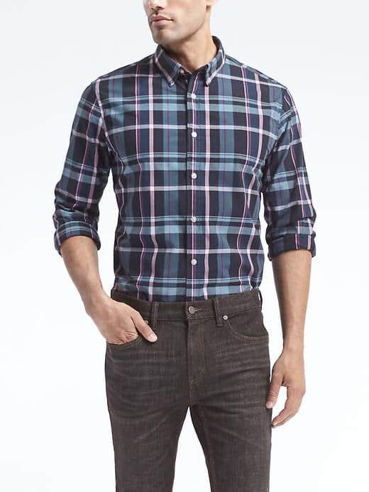 Banana Republic Mens Camden Standard Fit Custom Wash Plaid Shirt - Blue