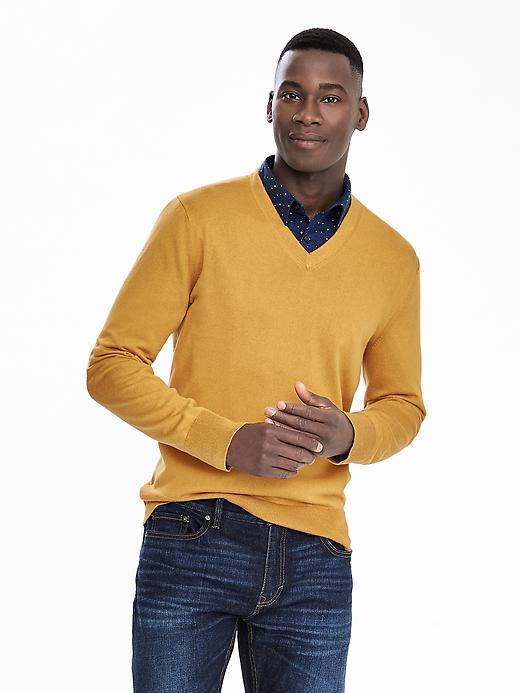 Banana Republic Mens Silk Cotton Cashmere Vee Pullover Size L Tall - Gold Plate