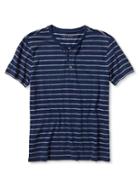 Banana Republic Mens Short Sleeve Stripe Henley Size L Tall - Navy
