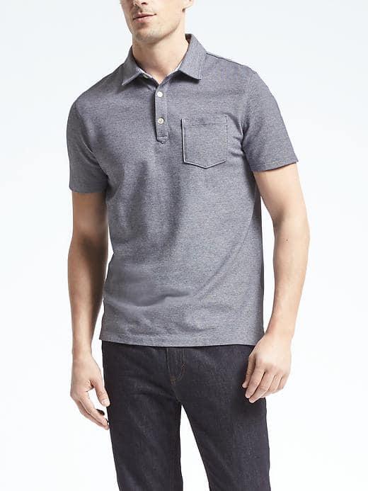 Banana Republic Mens Performance White Stripe Pique Polo - Navy Heather