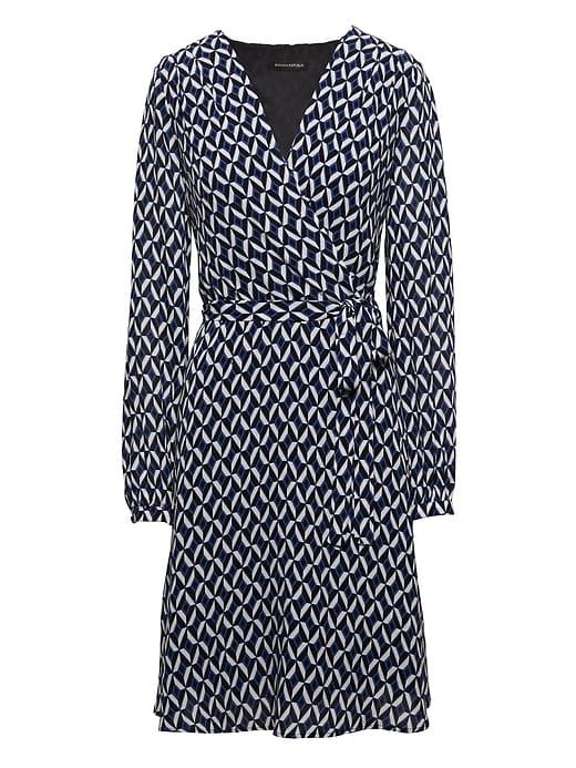 Banana Republic Womens Print Wrap-effect Fit-and-flare Dress Blue Print Size 2