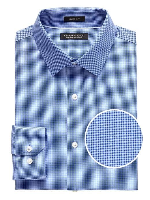 Banana Republic Mens Grant Slim-fit Non-iron Gingham Dress Shirt Marfa Blue Size L