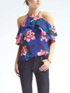 Banana Republic Floral Easy Care Cold Shoulder Flutter Sleeve Top - Cascade Blue