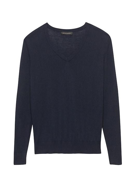 Banana Republic Womens Petite Silk Cotton Boyfriend V-neck Sweater Navy Size M