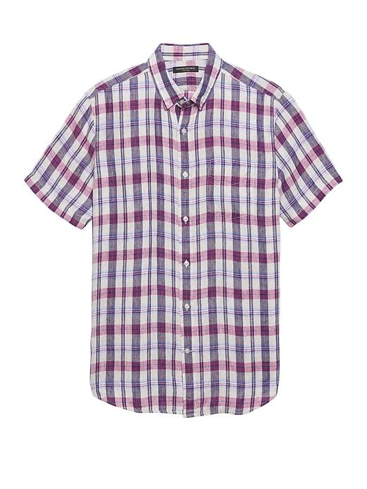 Banana Republic Mens Camden Standard-fit Linen Plaid Shirt Purple Planet Size Xs