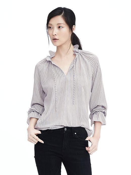 Banana Republic Striped Tie Neck Blouse - Black