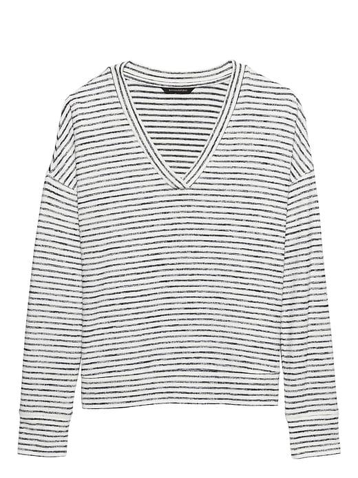 Banana Republic Womens Luxespun V-neck T-shirt White & Blue Size L