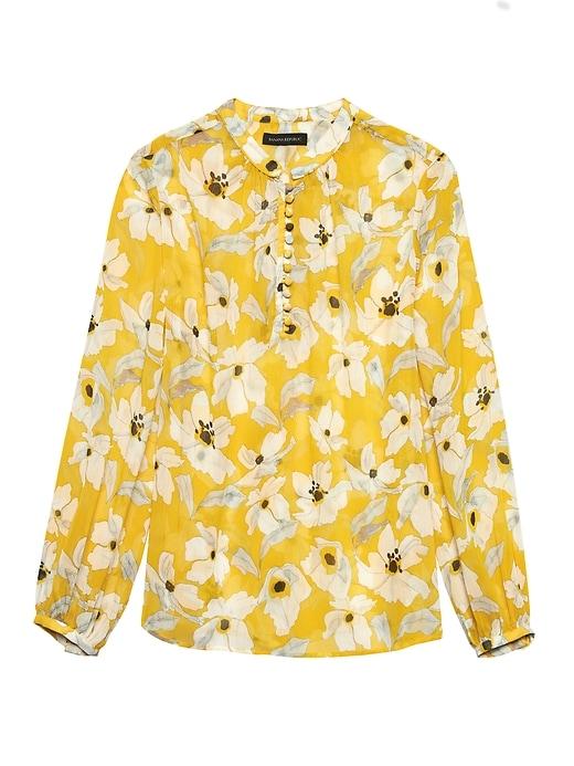 Banana Republic Womens Petite Floral Semi-sheer Button-front Poet-sleeve Top Yellow Size Xxs