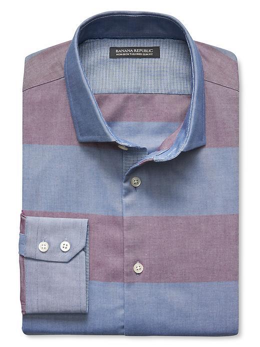 Banana Republic Mens Tailored Slim Fit Non Iron Red Stripe Shirt Size L Tall - Chimayo Burgundy