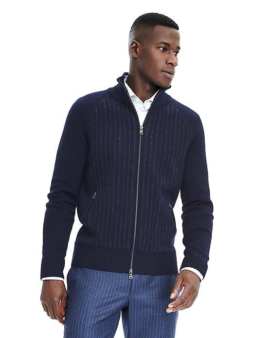 Banana Republic Mens Merino Full Zip Pinstripe Sweater - Navy