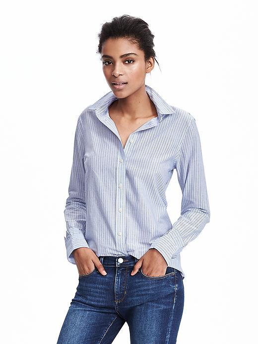 Banana Republic Dillon Fit Ruffle Cuff Shirt Size L Petite - Light Blue Stripe