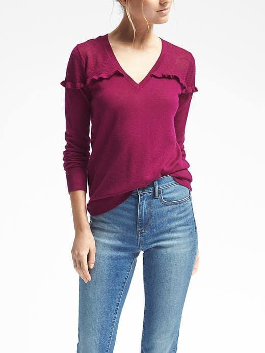 Banana Republic Womens Merino Ruffle Vee Sweater - Magenta Sky