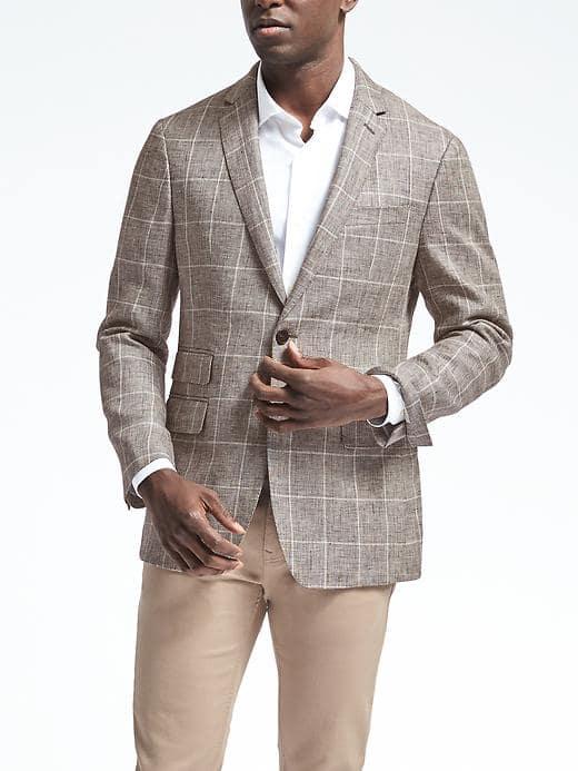 Banana Republic Mens Slim Brown Windowpane Linen Blazer - Light Brown