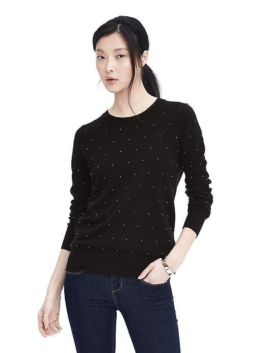 Banana Republic Italian Cashmere Blend Beaded Crew Neck Sweater - Black