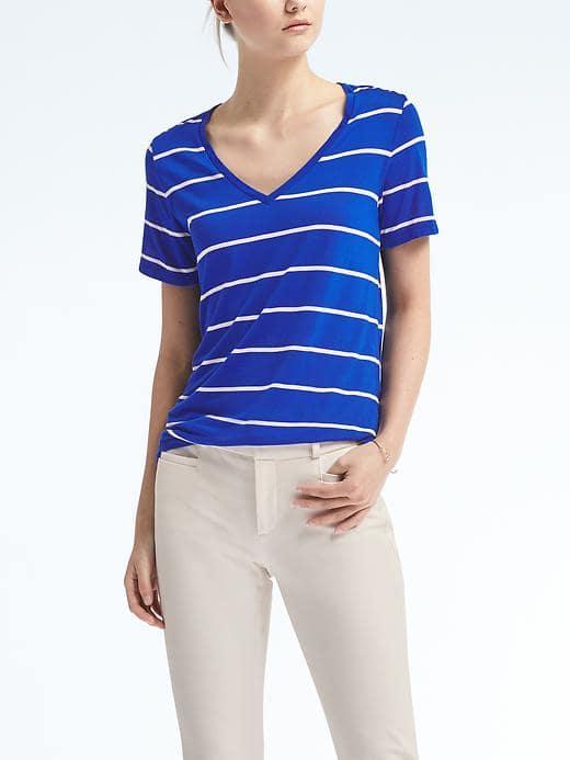 Banana Republic Womens Short Sleeve Stripe Modal Vee Tee - Cobalt