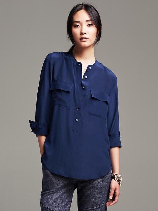 Banana Republic Womens Dark Silk Popover Blouse Navy Star Size M