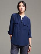 Banana Republic Womens Dark Silk Popover Blouse Navy Star Size M