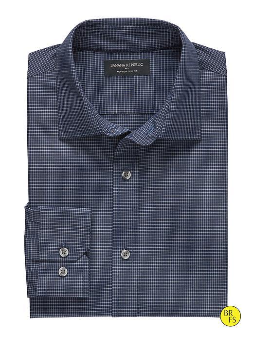 Banana Republic Factory Slim Fit Non Iron Navy Grid Print Shirt Size L - Blue Plaid