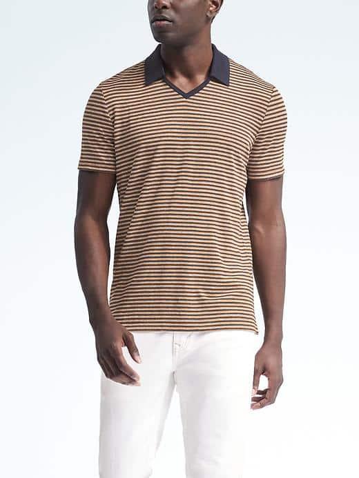 Banana Republic Mens Linen Stretch Stripe Polo - Caramel Stripe
