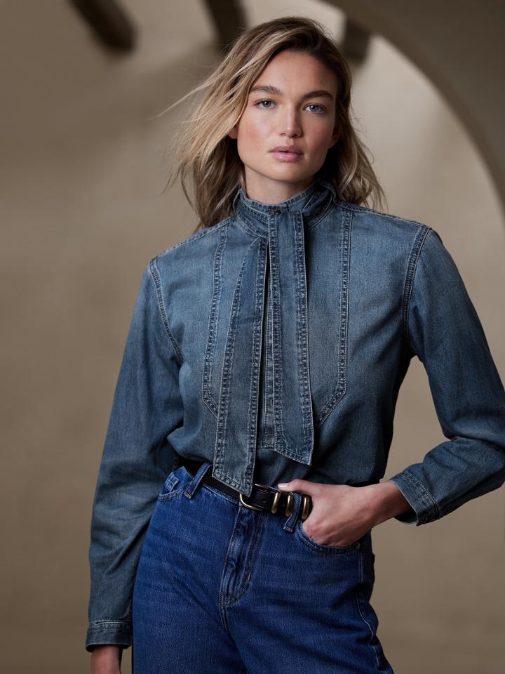 Una Denim Tie-neck Blouse