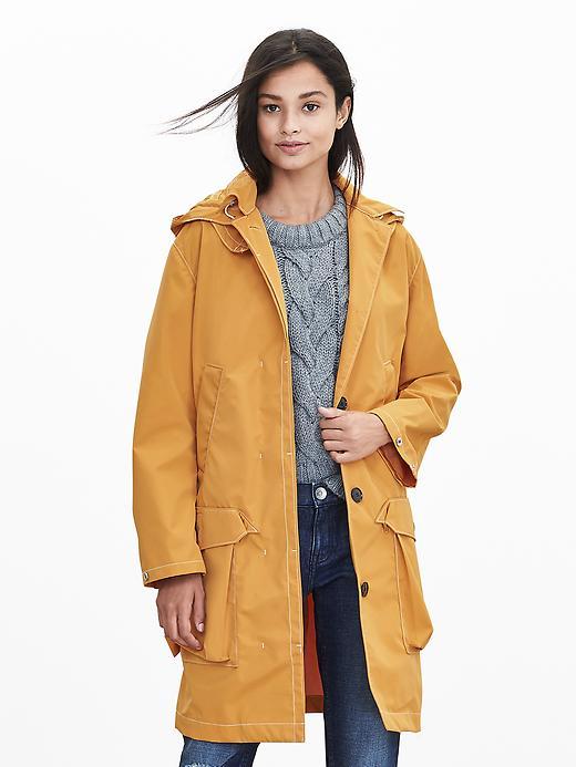 Banana Republic Waxed Yellow Hooded Coat Size L Petite - Yellow