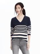 Banana Republic Womens Striped Double Vee Pullover Size L - Preppy Navy