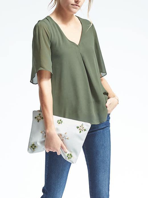 Banana Republic Womens Short Sleeve Pleated Neckline Blouse - Flight Jacket