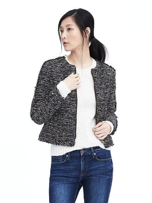 Banana Republic Navy Boucle Zip Blazer - Navy