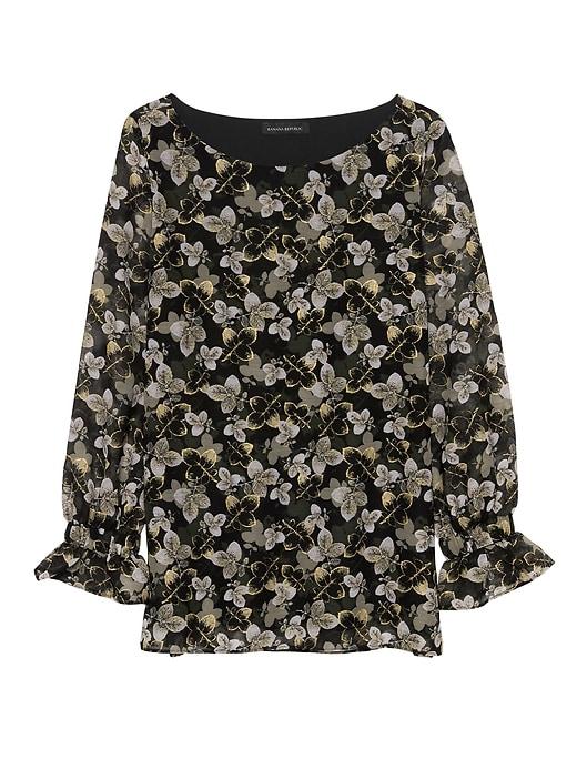 Banana Republic Womens Petite Leaf Print Poet-sleeve Top Gold Size Xs