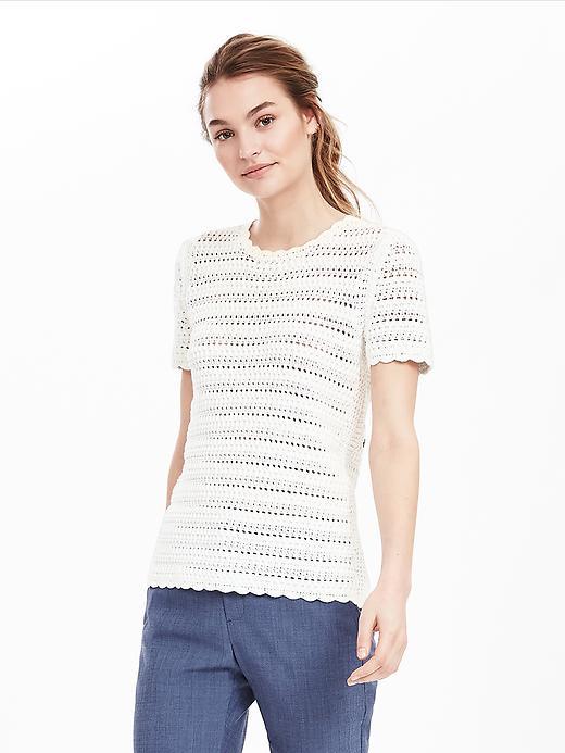 Banana Republic Womens Crochet Short Sleeve Pullover Sweater Size L - White