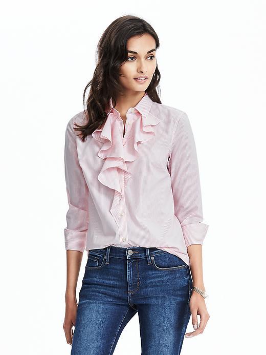 Banana Republic Riley Fit Pink Stripe Ruffle Blouse Size 0 Petite - Dusty Pink