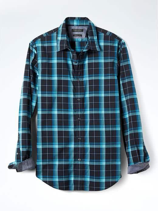 Banana Republic Mens Grant Fit Custom Wash Blue Plaid Shirt - Winter Blues
