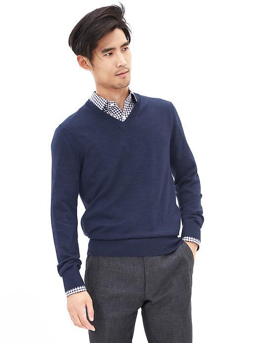 Banana Republic Mens Extra Fine Merino Wool Vee Pullover Size L Tall - Dark Blue Heather