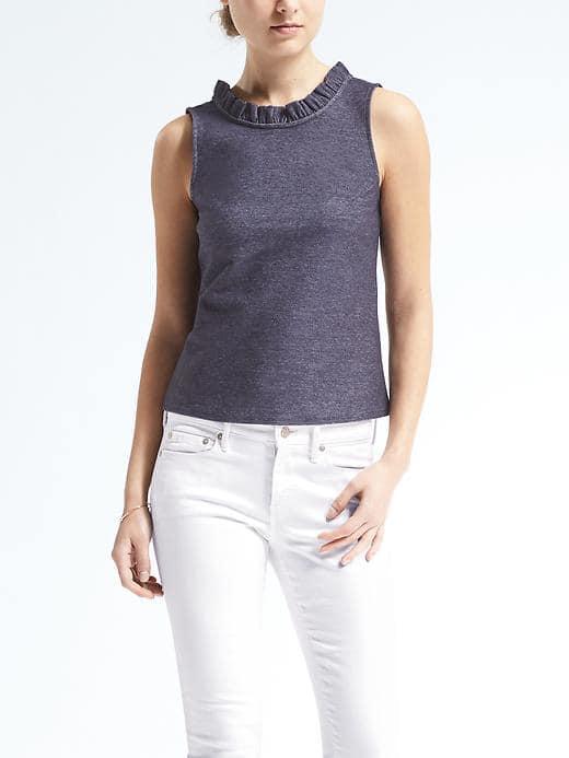 Banana Republic Womens Twill Ruffle Neck Sleeveless Top - Chambray Blue