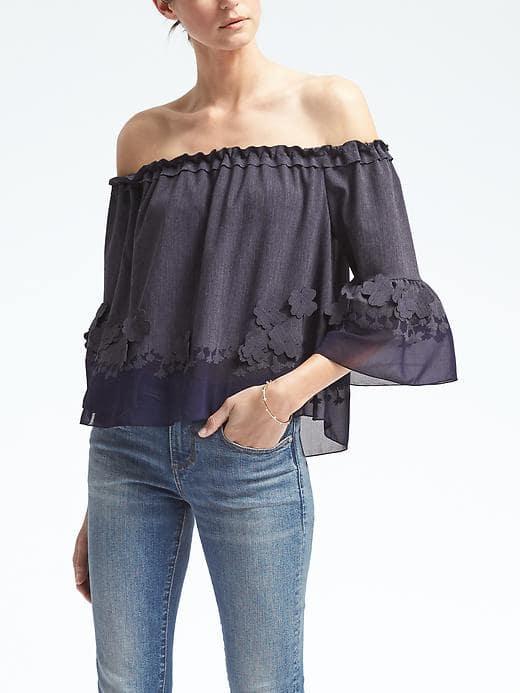 Banana Republic Womens Limited Edition Lasercut Chambray Off Shoulder Top - Chambray