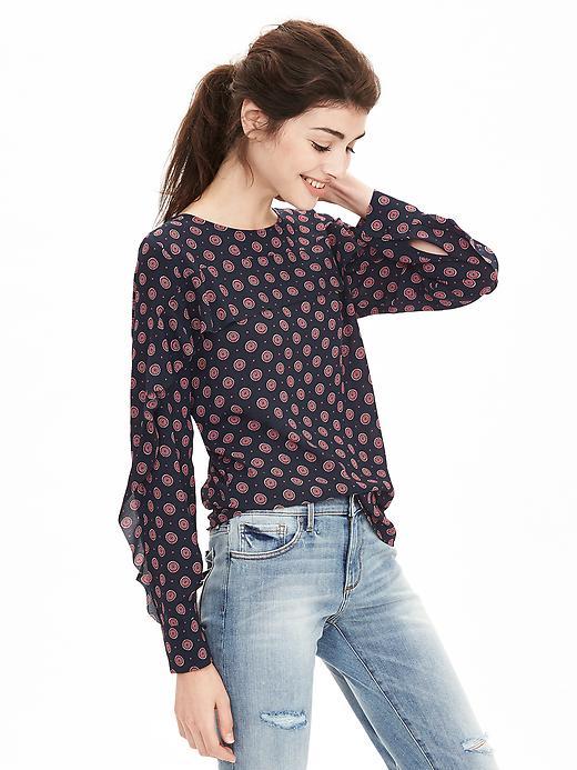Banana Republic Printed Ruffle Front Blouse Size L Petite - Preppy Navy