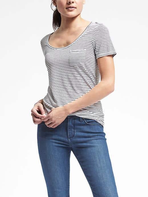 Banana Republic Womens Signature Scoop Neck Stripe Pocket Tee - White