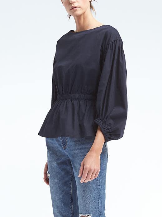 Banana Republic Womens Cinched Waist Bishop Sleeve Top - Navy