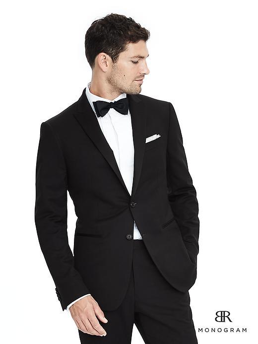 Banana Republic Mens Slim Monogram Black Wool Tuxedo Jacket - Black