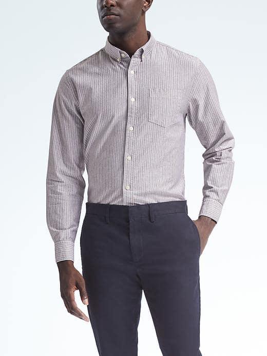 Banana Republic Mens Camden Fit Multi Stripe Cotton Stretch Oxford Shirt - Khaki
