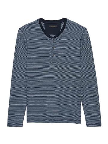 Banana Republic Mens Cotton-modal Waffle-knit Long-sleeve Henley T-shirt Preppy Navy & Carribean Blue Size S