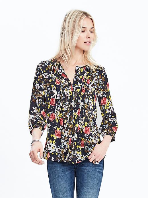 Banana Republic Womens Floral Pintuck Blouse Size L - Blue Multi