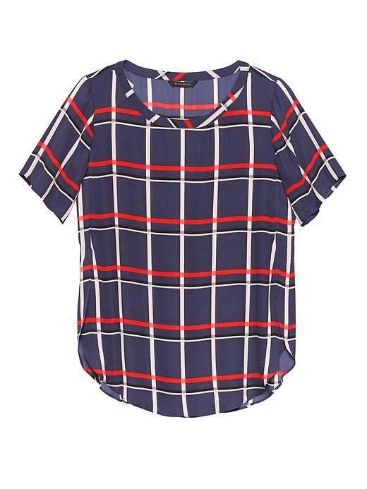 Banana Republic Womens Plaid High-low Curved Hem Top Navy Blue Size Xs