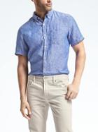 Banana Republic Mens Camden Fit Dot Linen Short Sleeve Shirt - Marina Blue
